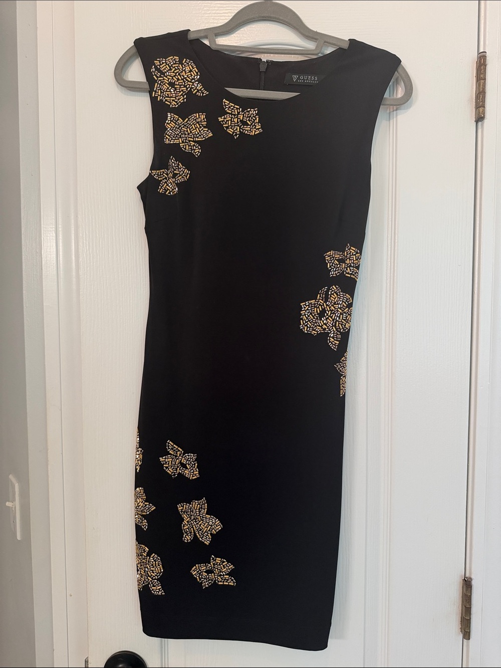 Guess Black Midi Dress with Gold Floral Embellishments